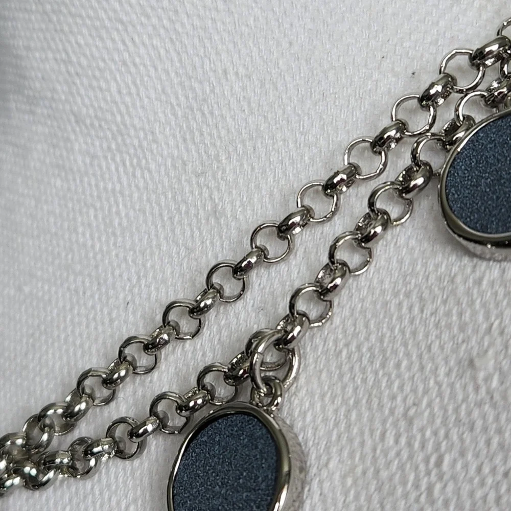 NWT Chico's Delanie Necklace Long Silver Chain + Double Sided Blue Circle Charms